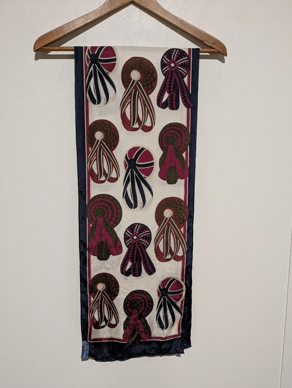 Vintage Ginnie Johansen Blue Maroon Red Cream Silk Rectangle Scarf 11 X 62 In